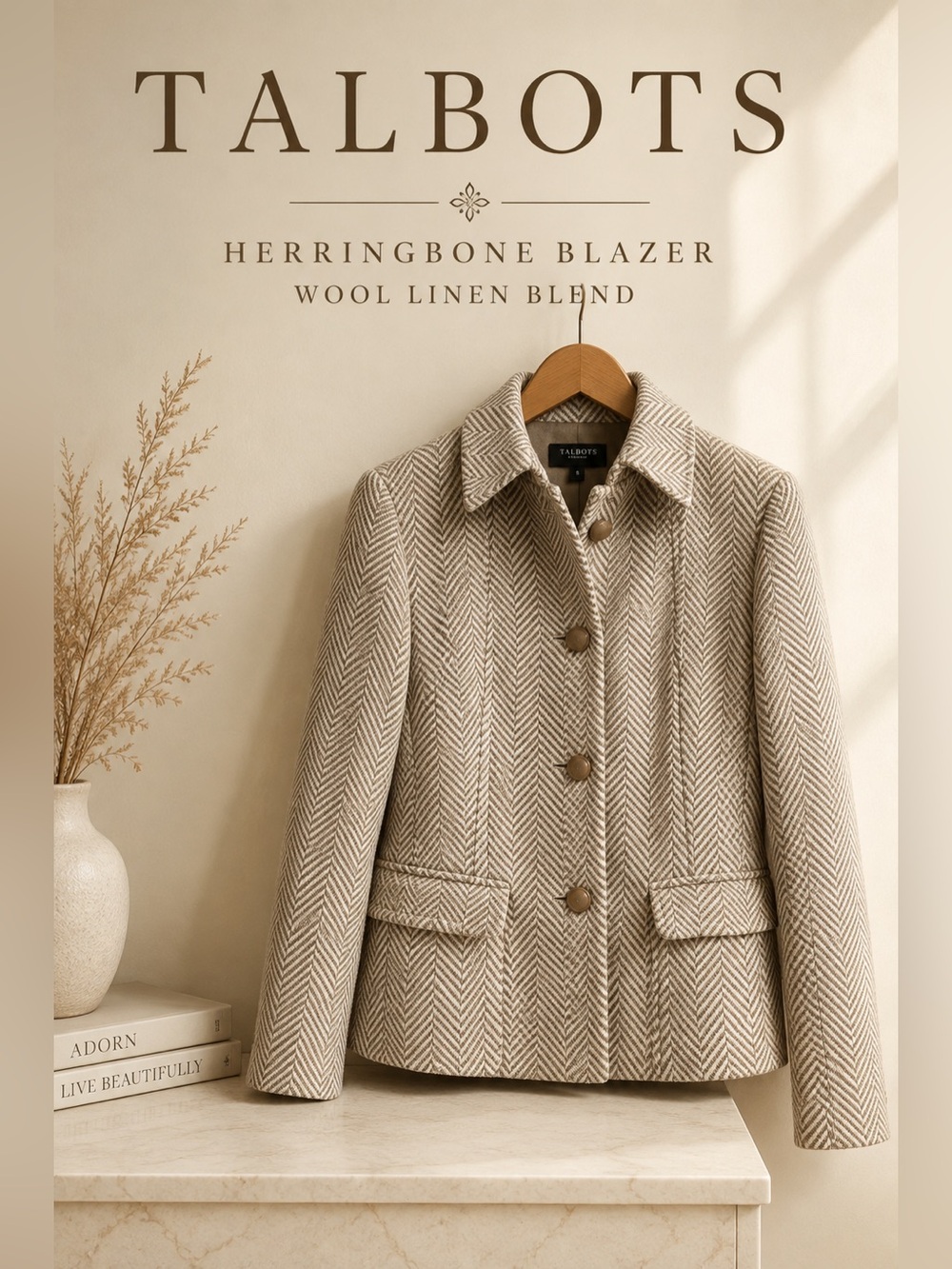 Talbots Herringbone Wool Linen Blend Blazer Jacket Size 8